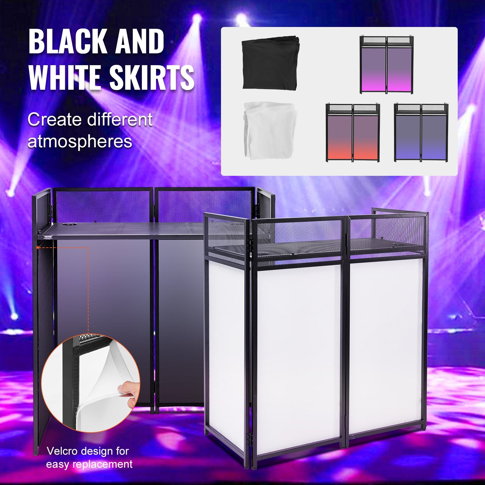 Portable DJ Booth Facade Table Station, 42"x21"x46" with Foldable Stand, Black & White Scrims, Cable Hole, Carry Bag, Zinc Alloy Steel