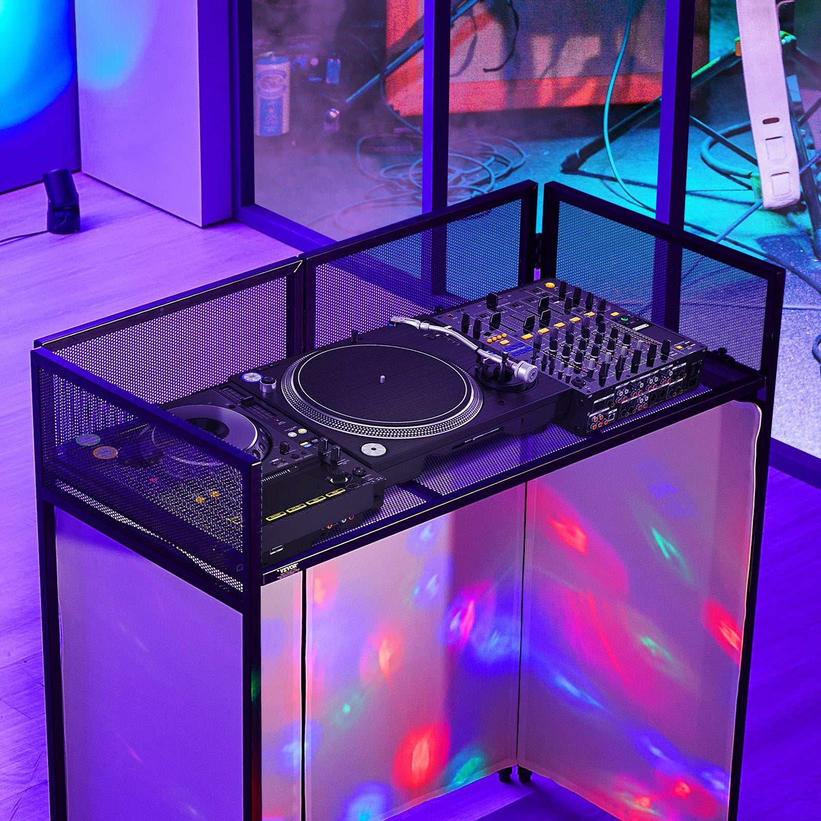 Portable DJ Booth Facade Table Station, 42"x21"x46" with Foldable Stand, Black & White Scrims, Cable Hole, Carry Bag, Zinc Alloy Steel