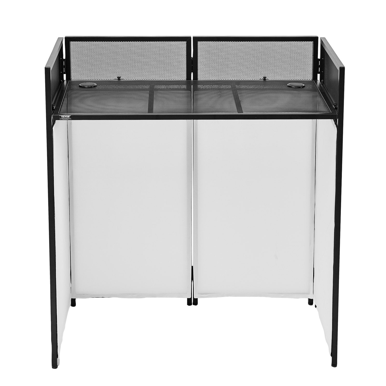Portable DJ Booth Facade Table Station, 42"x21"x46" with Foldable Stand, Black & White Scrims, Cable Hole, Carry Bag, Zinc Alloy Steel
