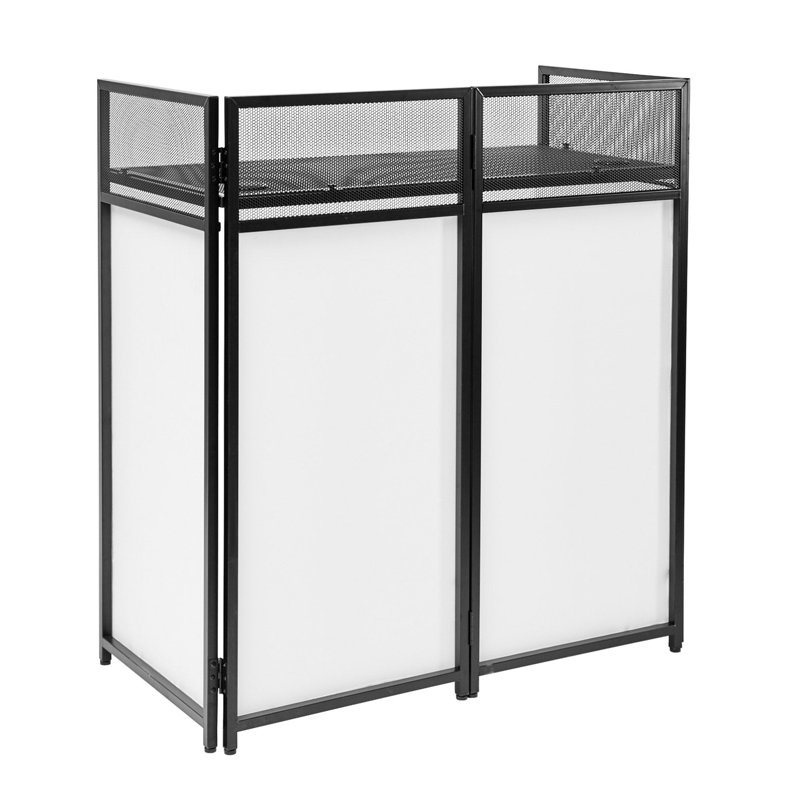 Portable DJ Booth Facade Table Station, 42"x21"x46" with Foldable Stand, Black & White Scrims, Cable Hole, Carry Bag, Zinc Alloy Steel