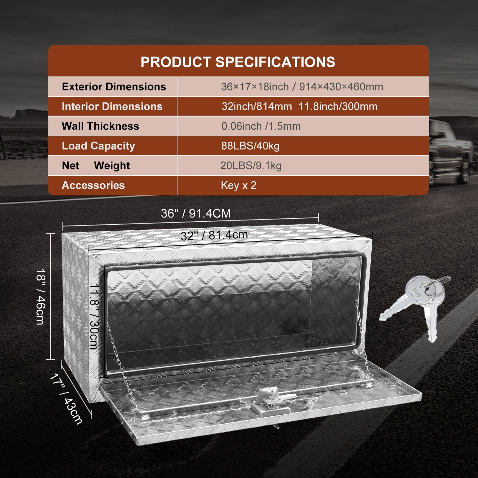 Robust Aluminum Underbody Truck Box 36"x17"x18" with Secure Lock, Waterproof T-Handle Latch for Trucks, Vans, Trailers, Weatherproof Storage Solution