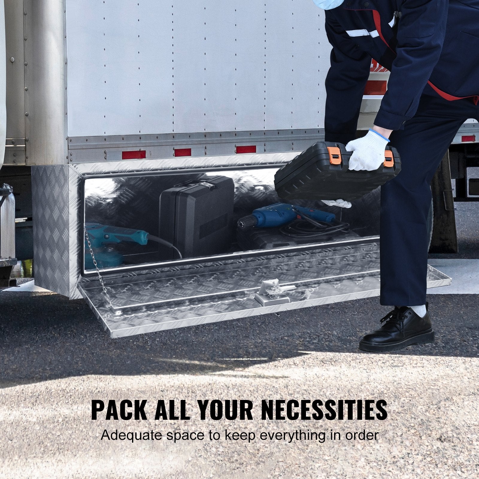 Aluminum Diamond Plate Underbody Toolbox, 60"x24"x24", Weatherproof Storage with Secure Lock for Trucks, Vans, Trailers, Heavy-Duty Design