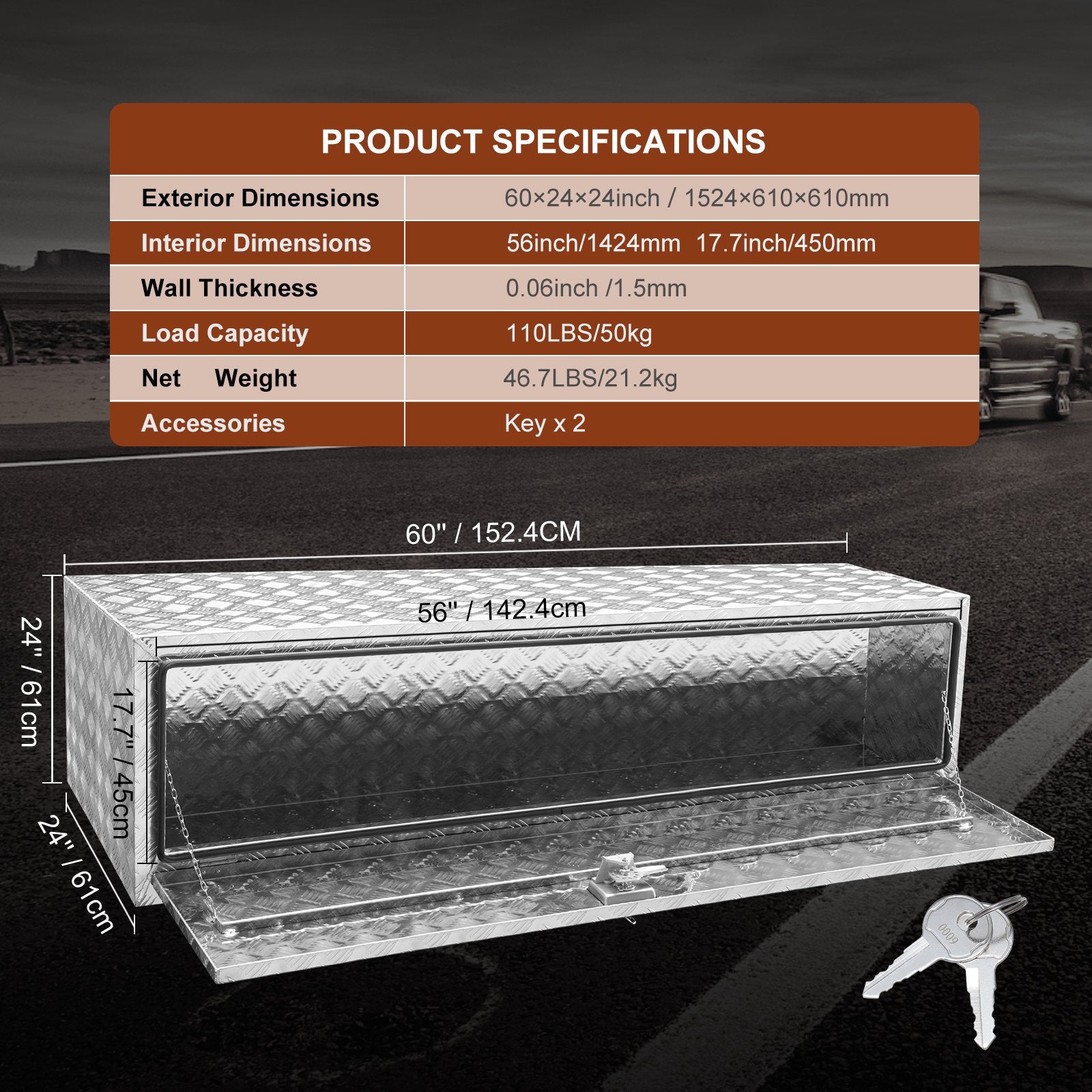 Aluminum Diamond Plate Underbody Toolbox, 60"x24"x24", Weatherproof Storage with Secure Lock for Trucks, Vans, Trailers, Heavy-Duty Design
