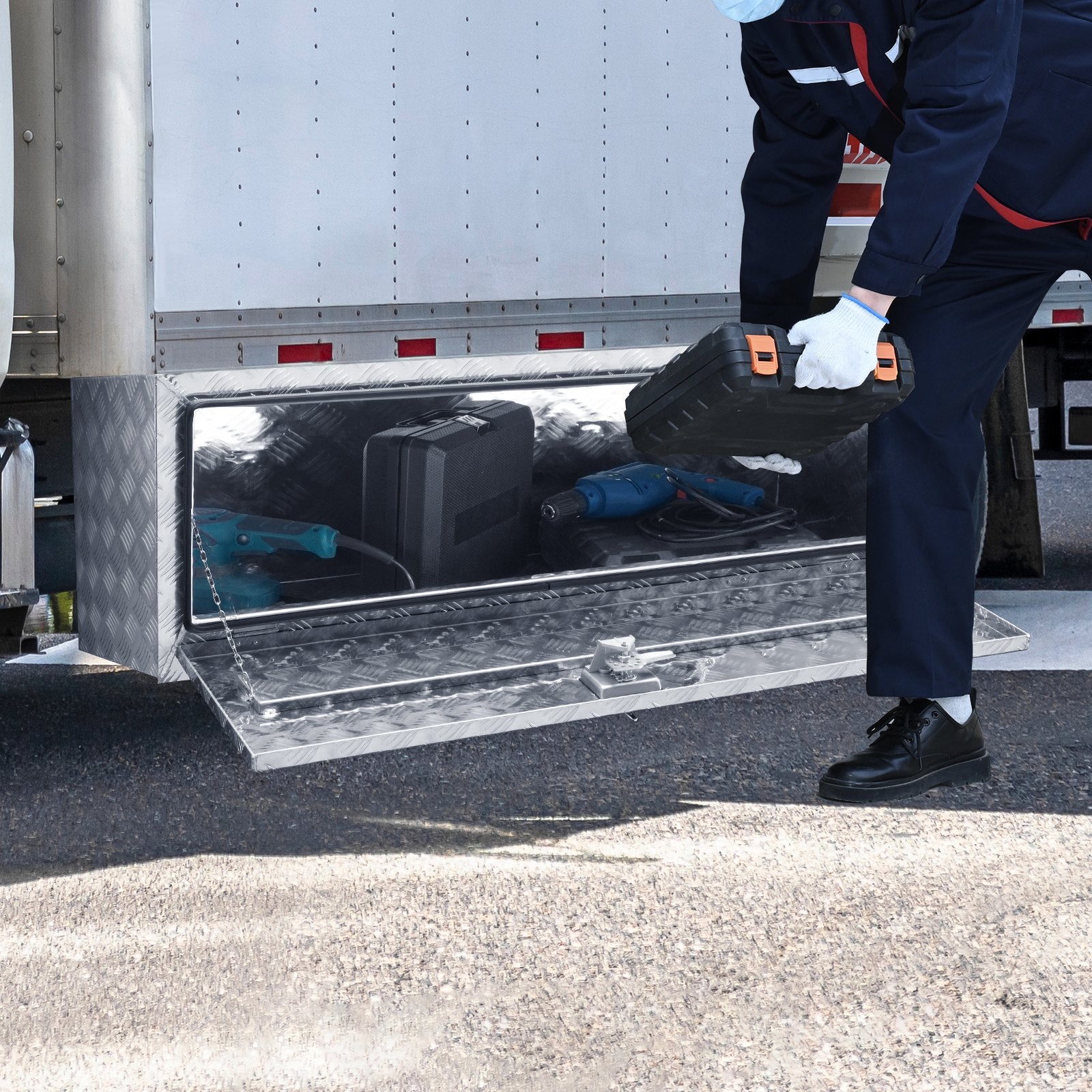 Aluminum Diamond Plate Underbody Toolbox, 60"x24"x24", Weatherproof Storage with Secure Lock for Trucks, Vans, Trailers, Heavy-Duty Design
