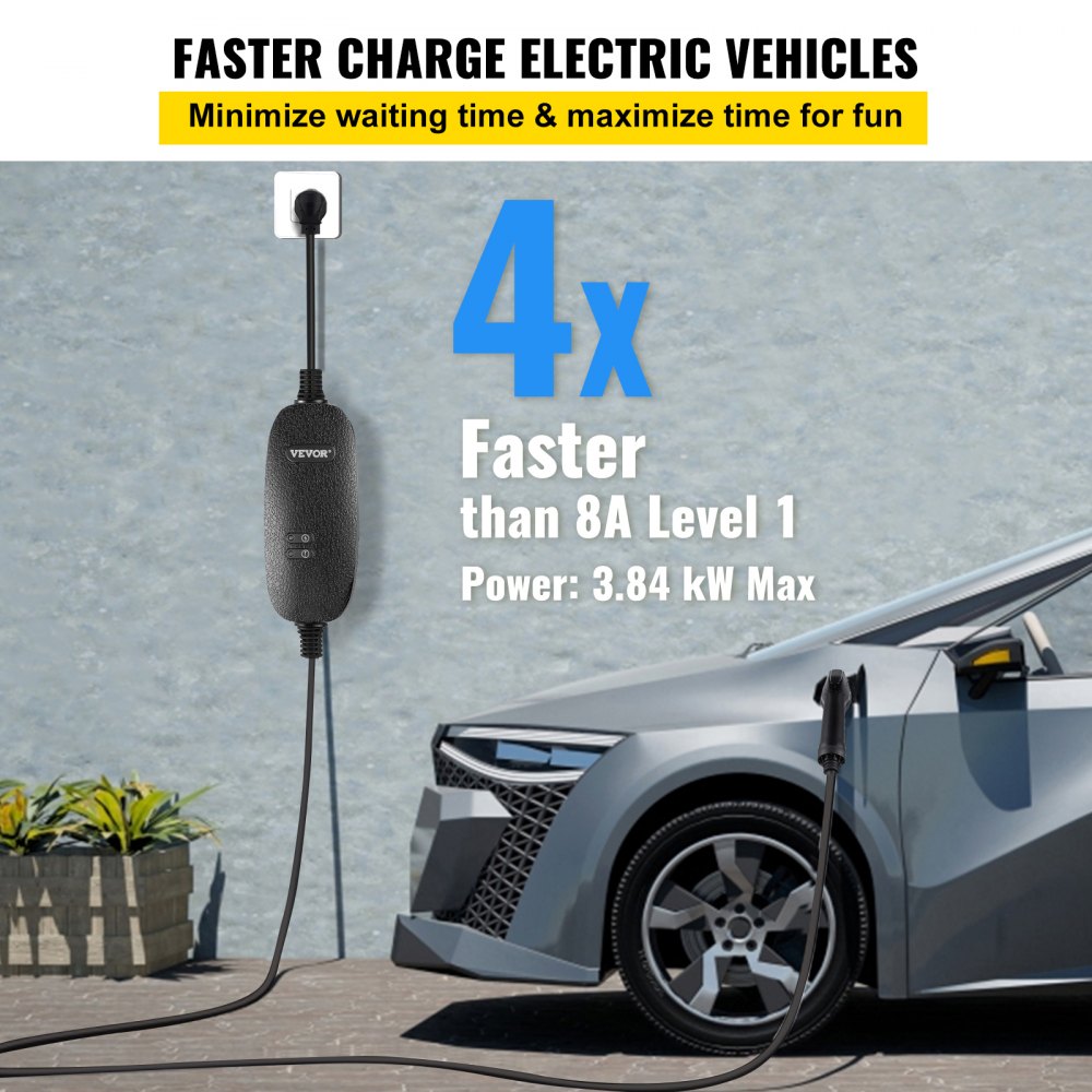 VEVOR Level 2 EV Charger, 16 Amp 110V-240V 3.84 kW, Portable Electric Vehicle Charger with 25 ft Charging Cable NEMA 6-20 Plug, SAE J1772 Standard Plug-in Home EV Charging Station for Electric Cars