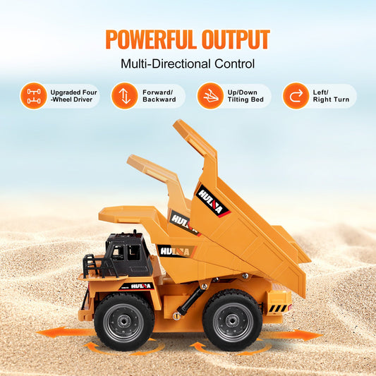 Remote Control Dump Truck Toy, 9-Channel 1:18 Scale Construction Vehicle with Metal Cabin, Lights & 2 Rechargeable Batteries for Kids 6+