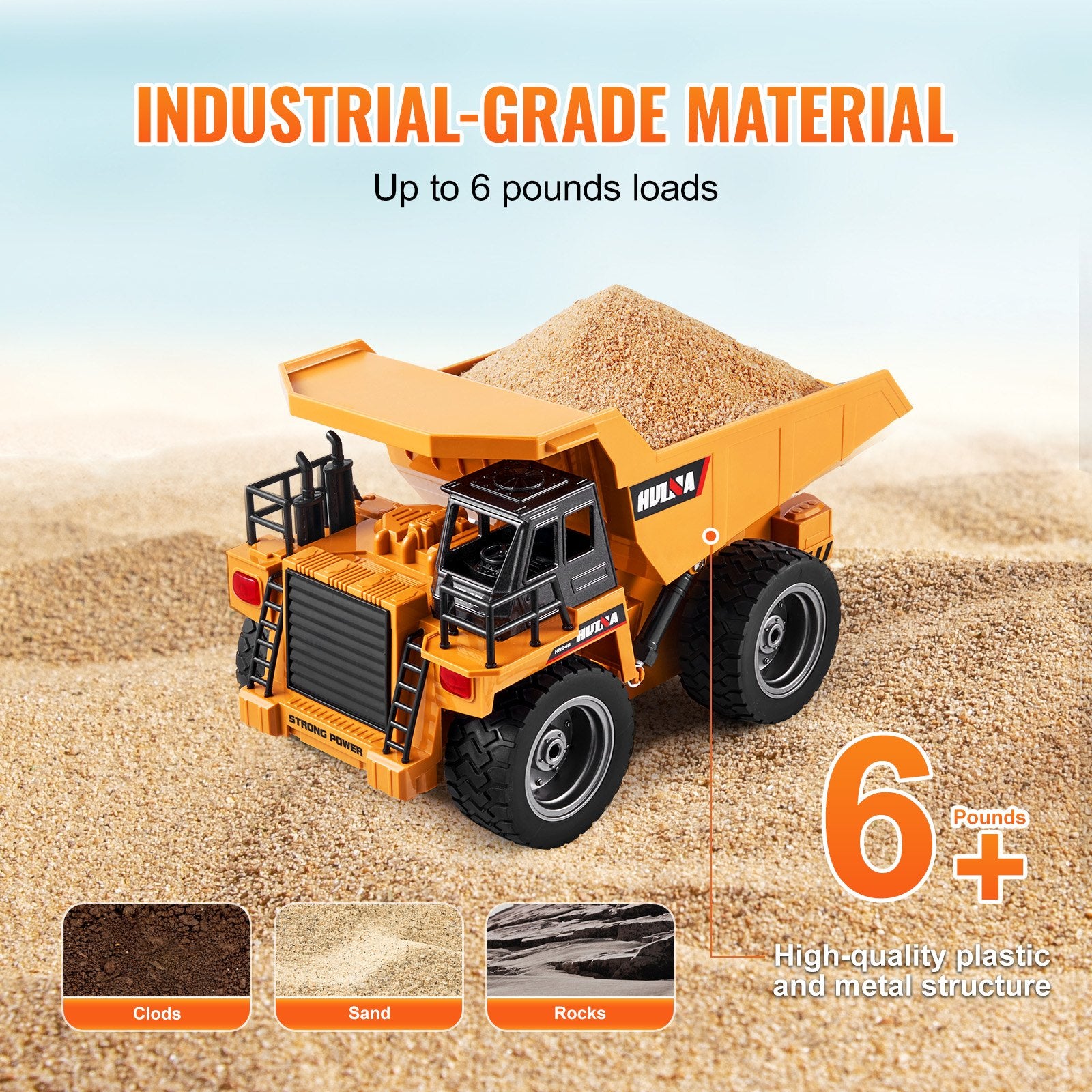 Remote Control Dump Truck Toy, 9-Channel 1:18 Scale Construction Vehicle with Metal Cabin, Lights & 2 Rechargeable Batteries for Kids 6+