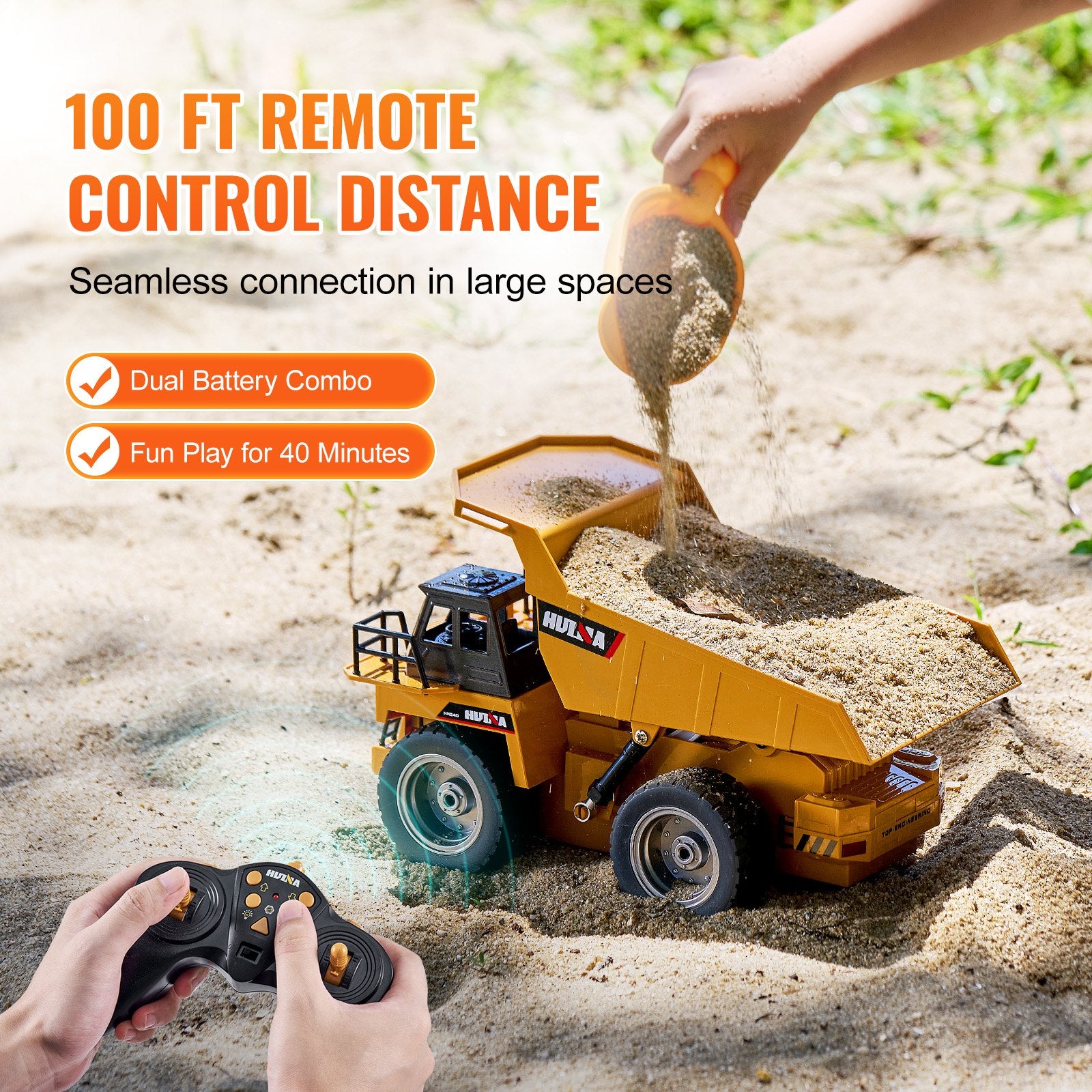 Remote Control Dump Truck Toy, 9-Channel 1:18 Scale Construction Vehicle with Metal Cabin, Lights & 2 Rechargeable Batteries for Kids 6+