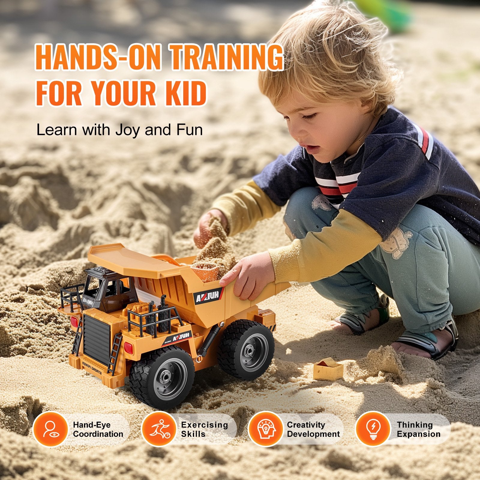 Remote Control Dump Truck Toy, 9-Channel 1:18 Scale Construction Vehicle with Metal Cabin, Lights & 2 Rechargeable Batteries for Kids 6+