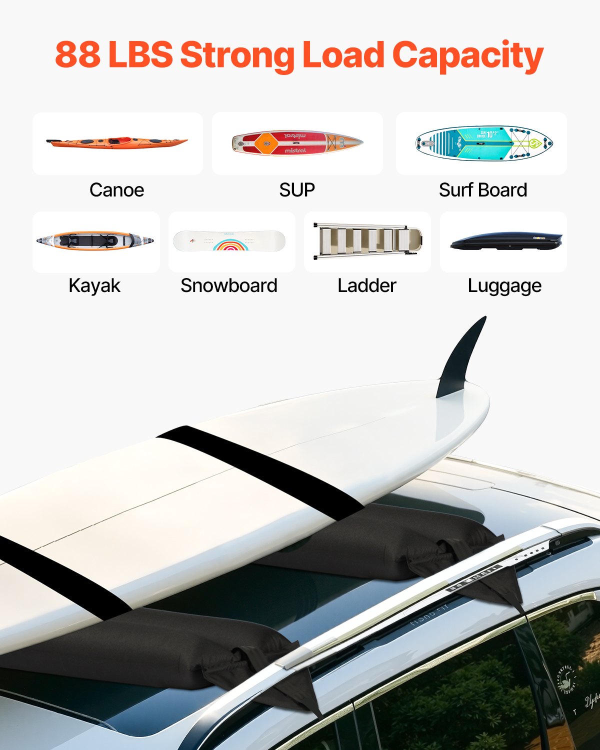 Universal Inflatable Soft Roof Rack Bars - 37.6" Car Roof Pads for Kayaks, Canoes, SUPs with Straps, Air Pump & Storage Bag, 88LBS Capacity