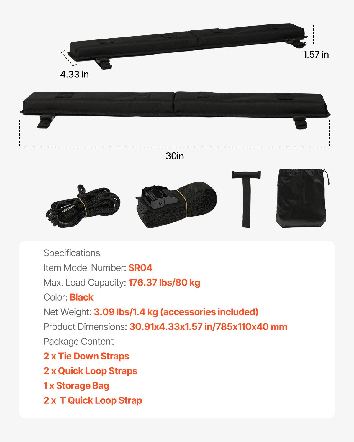 Universal 30" Soft Roof Rack Pads for Cars - Heavy Duty 176LBS Load Capacity with Tie Down & Quick Loop Straps for Kayaks, SUPs, Canoes & Snowboards