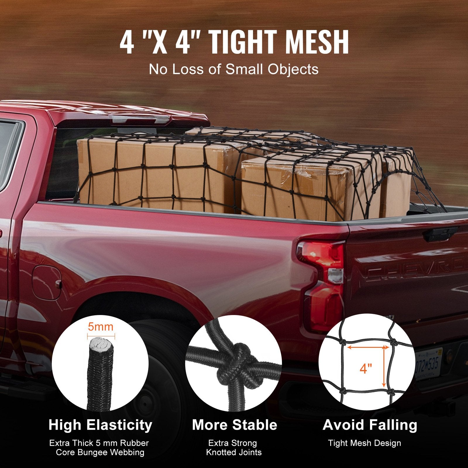 Heavy Duty 4'x6' Cargo Net with 12 Carabiners - Stretches to 7.2'x10.8', Weather-proof & Wear-resistant for Trucks, SUVs, and Trailers