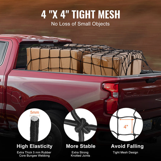 Heavy Duty 4'x6' Cargo Net with 12 Carabiners - Stretches to 7.2'x10.8', Weather-proof & Wear-resistant for Trucks, SUVs, and Trailers