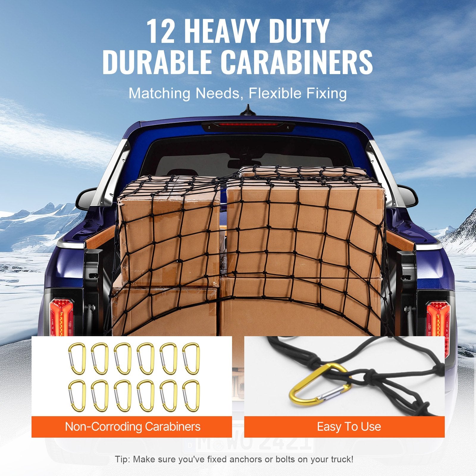 Heavy Duty 4'x6' Cargo Net with 12 Carabiners - Stretches to 7.2'x10.8', Weather-proof & Wear-resistant for Trucks, SUVs, and Trailers