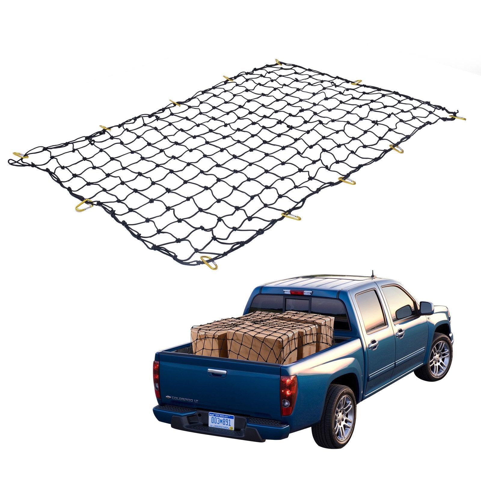 Heavy Duty 4'x6' Cargo Net with 12 Carabiners - Stretches to 7.2'x10.8', Weather-proof & Wear-resistant for Trucks, SUVs, and Trailers