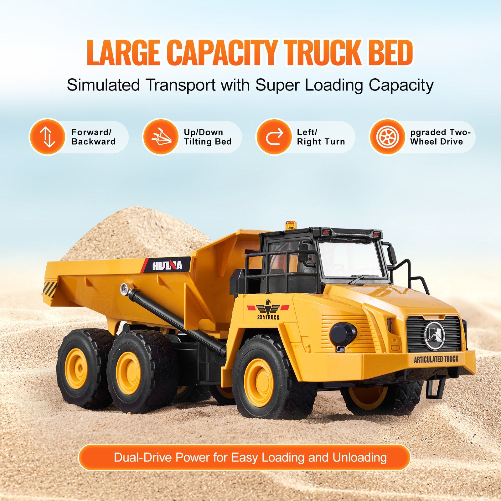 1:18 Scale RC Dump Truck Toy, 11-Channel Remote Control Construction Vehicle for Kids with Metal Cabin, Lights & Dual Rechargeable Batteries