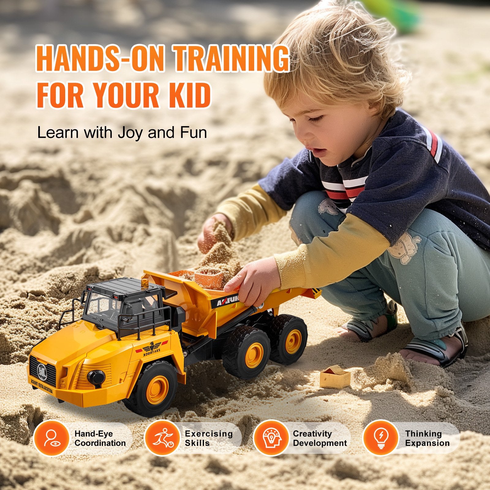 1:18 Scale RC Dump Truck Toy, 11-Channel Remote Control Construction Vehicle for Kids with Metal Cabin, Lights & Dual Rechargeable Batteries