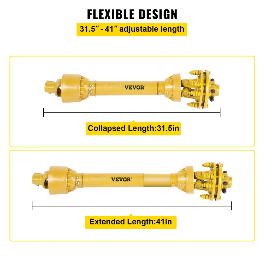 VEVOR PTO Shaft, 1-3/8” PTO Drive Shaft, 6 Spline Both Ends PTO Driveline Shaft, Series 4 Tractor PTO Shaft, 31.5”-41” Brush Hog PTO Shaft, Yellow PTO Shaft w/Slip Clutch for Bush Hog/Finish Mower