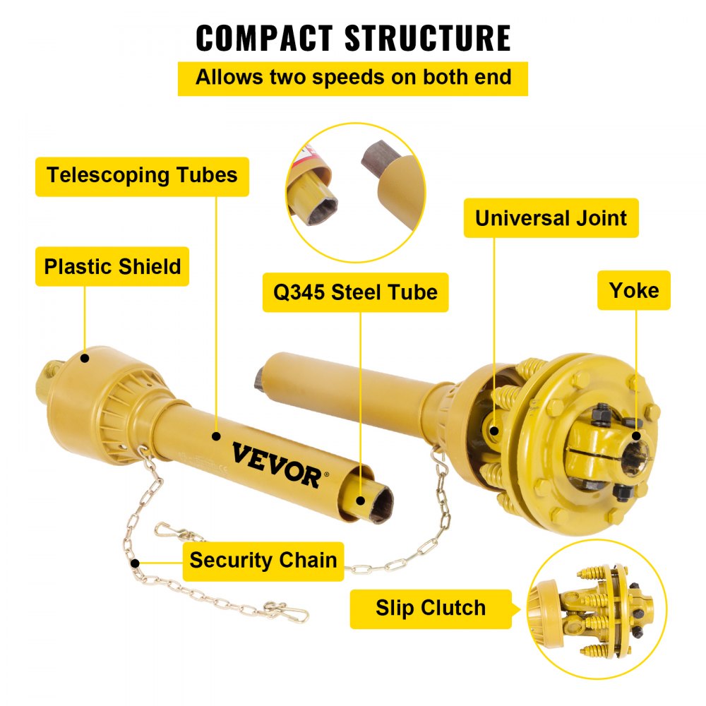 VEVOR PTO Shaft, 1-3/8” PTO Drive Shaft, 6 Spline Both Ends PTO Driveline Shaft, Series 4 Tractor PTO Shaft, 31.5”-41” Brush Hog PTO Shaft, Yellow PTO Shaft w/Slip Clutch for Bush Hog/Finish Mower