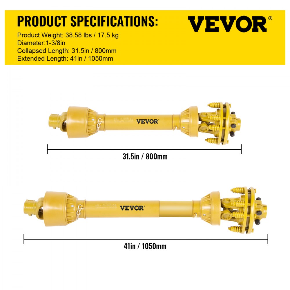 VEVOR PTO Shaft, 1-3/8” PTO Drive Shaft, 6 Spline Both Ends PTO Driveline Shaft, Series 4 Tractor PTO Shaft, 31.5”-41” Brush Hog PTO Shaft, Yellow PTO Shaft w/Slip Clutch for Bush Hog/Finish Mower