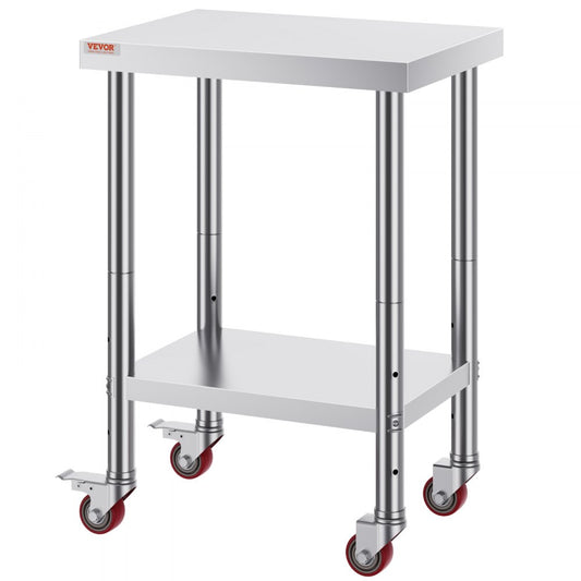 VEVOR 24 x 18 x 34 Inch Stainless Steel Work Table 3 Stage Adjustable Shelf with 4 Wheels Heavy Duty Commercial Food Prep Worktable with Brake 220 lb Capacity