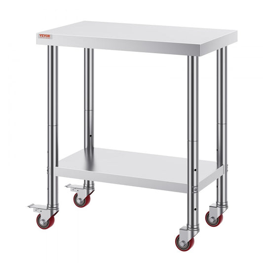 VEVOR 30x18x34 Inch Stainless Steel Work Table 3-Stage Adjustable Shelf with 4 Wheels Heavy Duty Commercial Food Prep Worktable with Brake for Kitchen Prep Work
