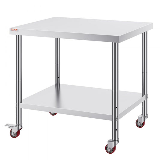 VEVOR 30x36x34 Inch Stainless Steel Work Table 3-Stage Adjustable Shelf with 4 Wheels Heavy Duty Commercial Food Prep Worktable with Brake for Kitchen Prep Work 400 lb Capacity