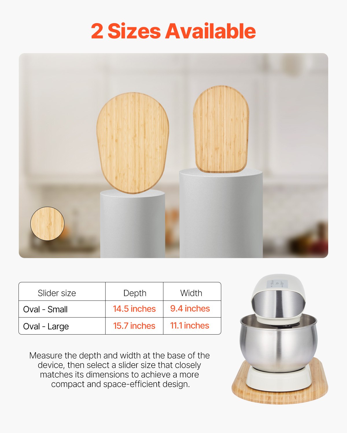 Oval Mixer Slider Tray for 5.5-8 Qt Stand Mixers, Natural Wood, PTFE Feet, Smooth Countertop Appliance Slide, Easy Storage Solution