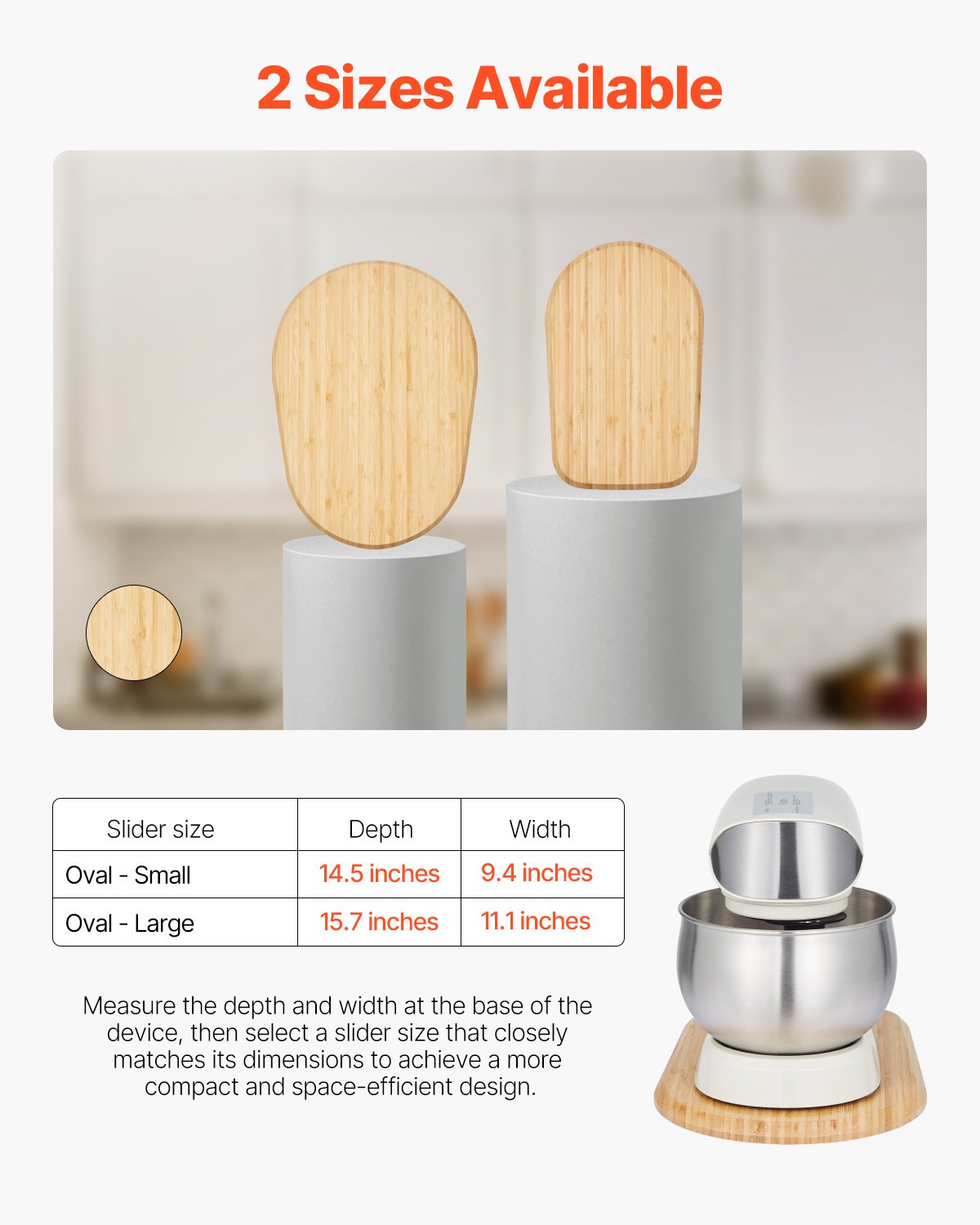 Oval Mixer Slider for 4.5-5 Qt Stand Mixers, 14.5x9.4-Inch, Natural Wood Appliance Tray with PTFE Feet for Easy Kitchen Countertop Movement