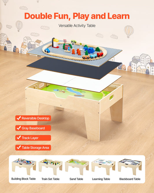 Multi-Purpose Kids Activity Table with 290 Building Bricks, 30-Piece Wooden Train Set, Vehicles & Storage for Ages 3+