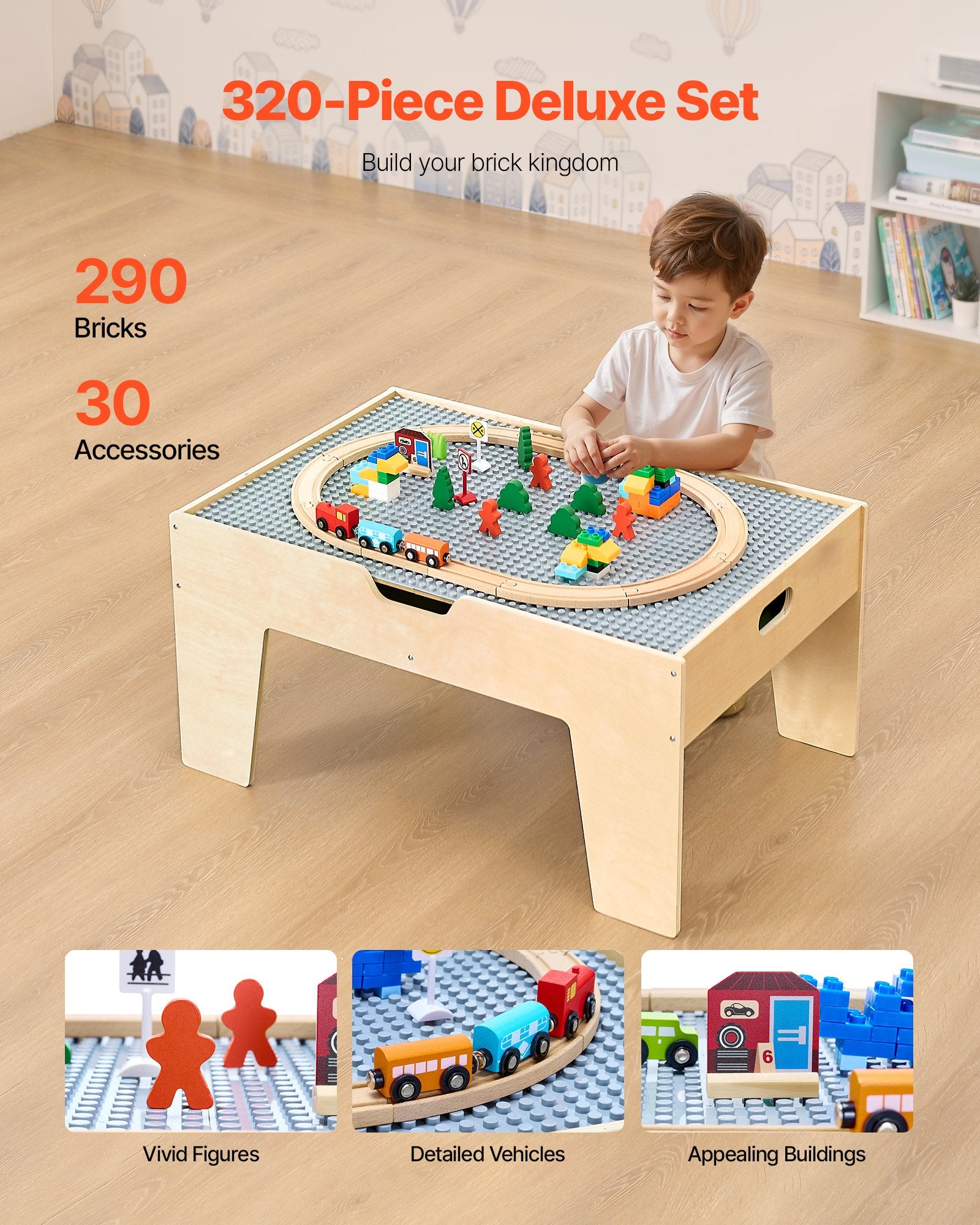 Multi-Purpose Kids Activity Table with 290 Building Bricks, 30-Piece Wooden Train Set, Vehicles & Storage for Ages 3+