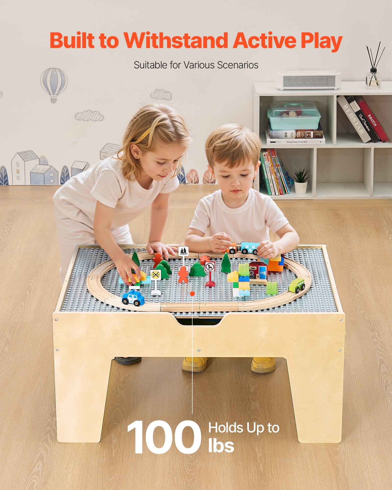 Multi-Purpose Kids Activity Table with 290 Building Bricks, 30-Piece Wooden Train Set, Vehicles & Storage for Ages 3+