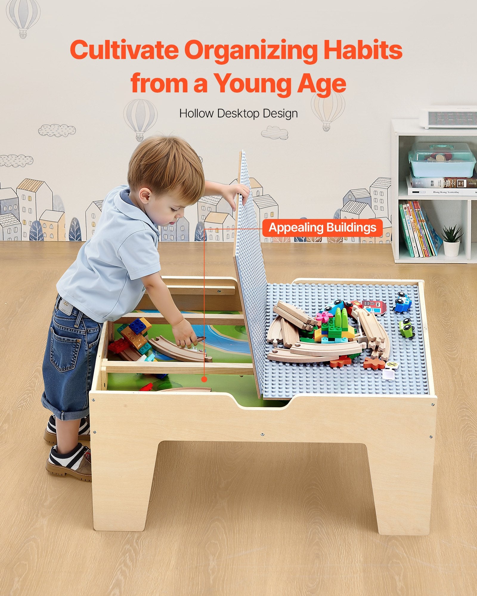 Multi-Purpose Kids Activity Table with 290 Building Bricks, 30-Piece Wooden Train Set, Vehicles & Storage for Ages 3+