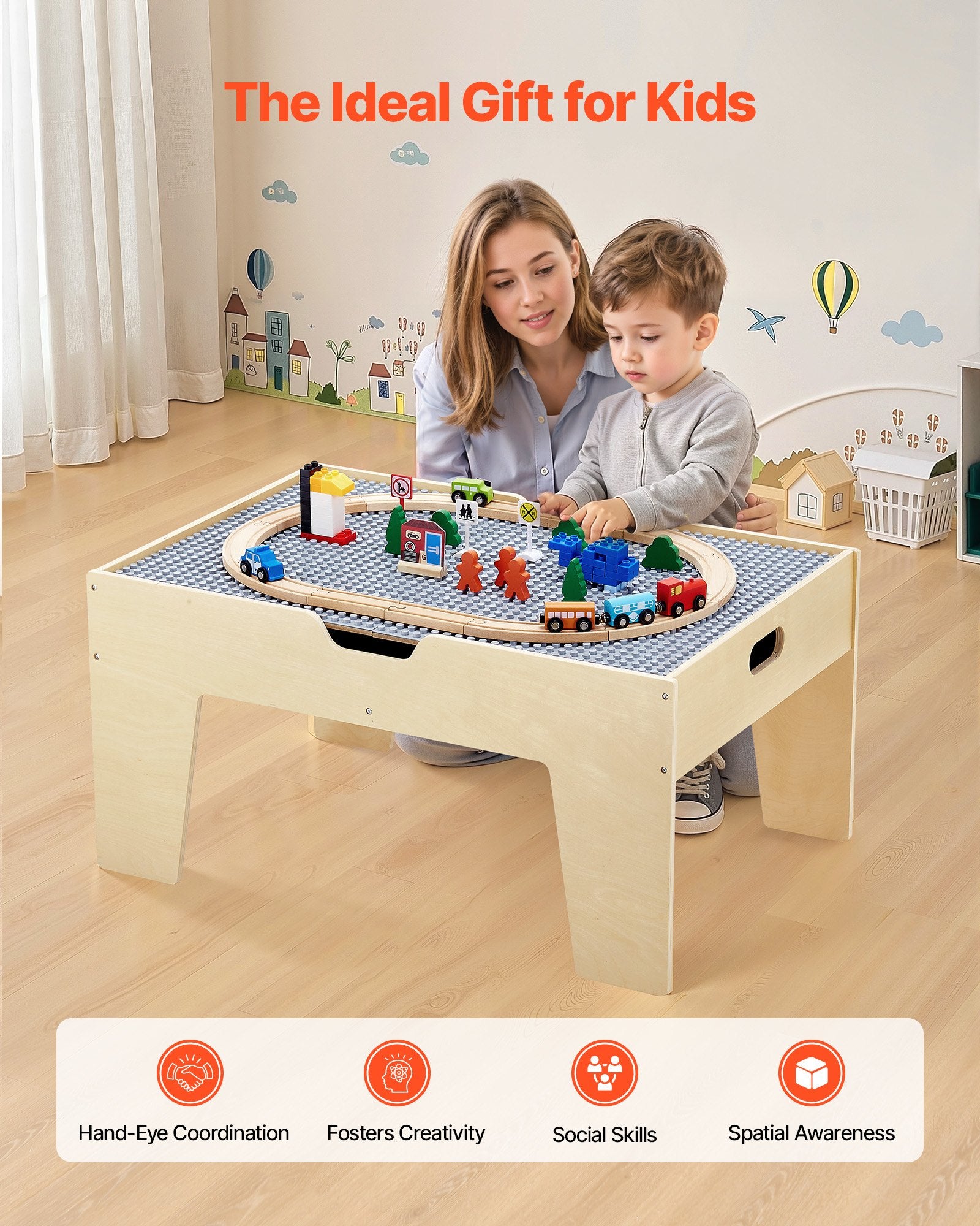 Multi-Purpose Kids Activity Table with 290 Building Bricks, 30-Piece Wooden Train Set, Vehicles & Storage for Ages 3+