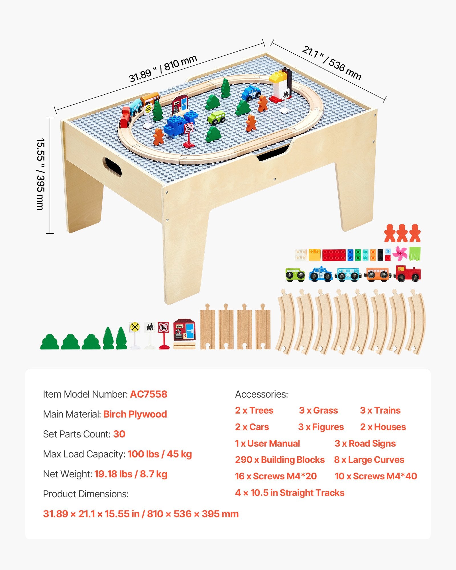Multi-Purpose Kids Activity Table with 290 Building Bricks, 30-Piece Wooden Train Set, Vehicles & Storage for Ages 3+