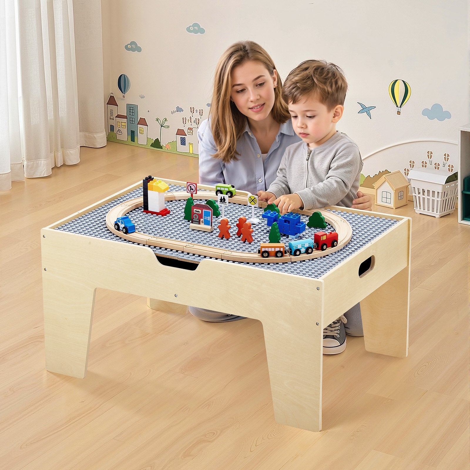 Multi-Purpose Kids Activity Table with 290 Building Bricks, 30-Piece Wooden Train Set, Vehicles & Storage for Ages 3+