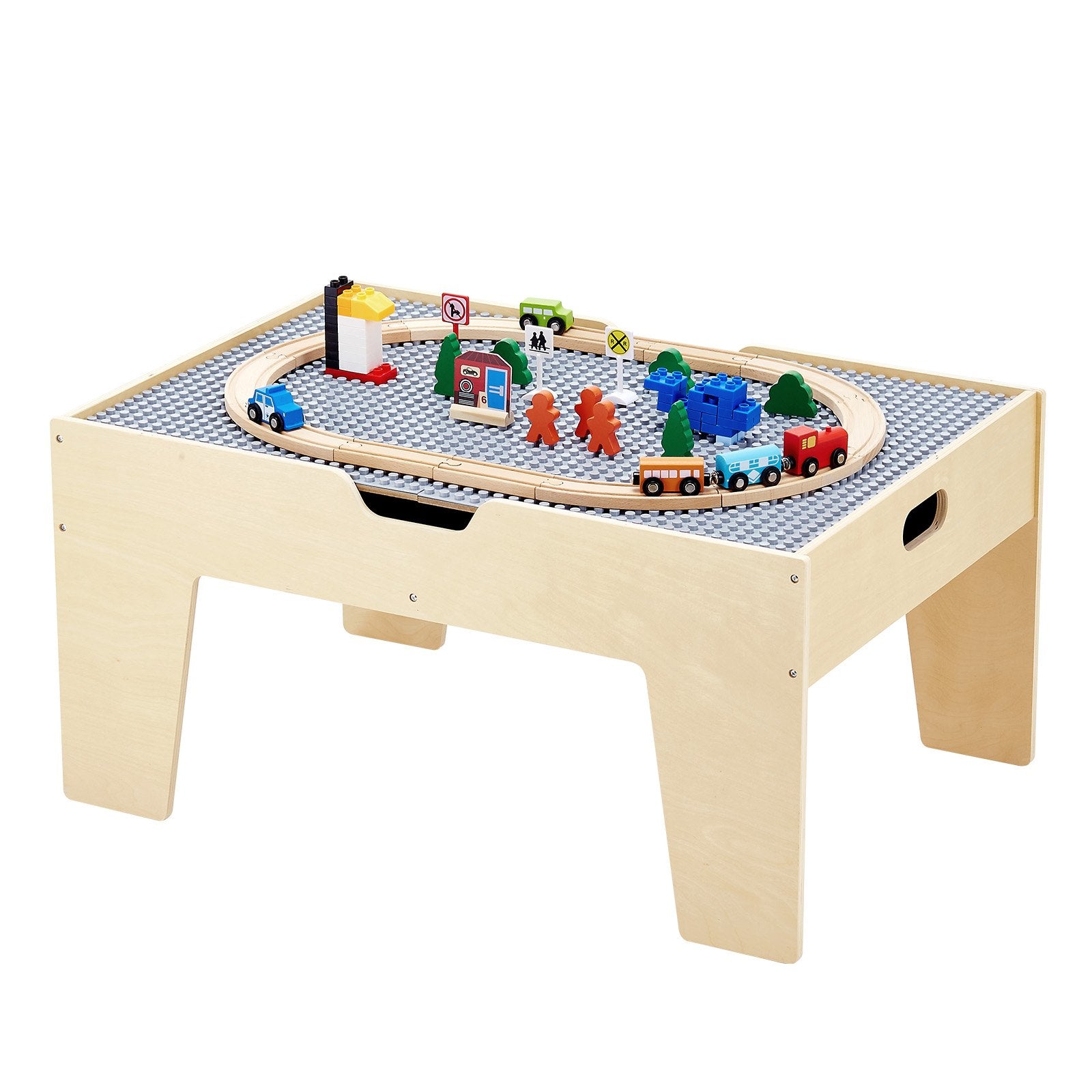 Multi-Purpose Kids Activity Table with 290 Building Bricks, 30-Piece Wooden Train Set, Vehicles & Storage for Ages 3+