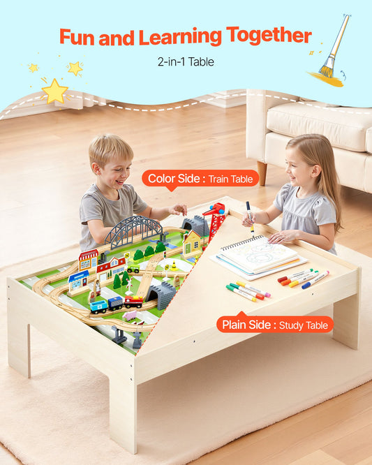 Title: Wooden Kids Activity Train Table with 120 Multicolor Pieces, Storage Bin, for Gaming, Drawing, Reading, Creative Play, Ages 3+