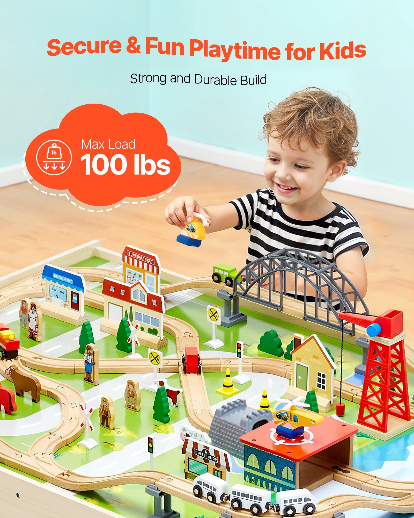 Title: Wooden Kids Activity Train Table with 120 Multicolor Pieces, Storage Bin, for Gaming, Drawing, Reading, Creative Play, Ages 3+