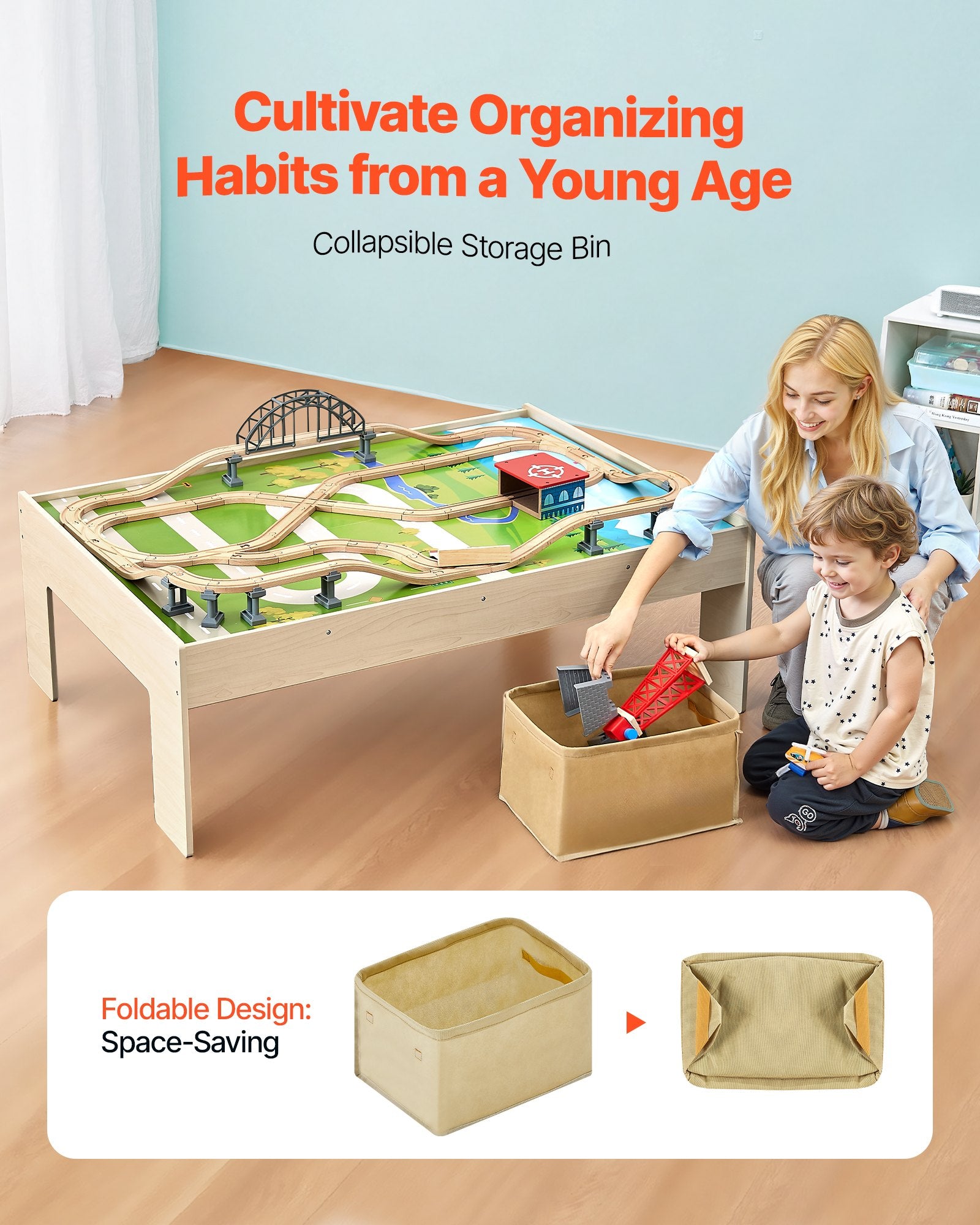 Title: Wooden Kids Activity Train Table with 120 Multicolor Pieces, Storage Bin, for Gaming, Drawing, Reading, Creative Play, Ages 3+