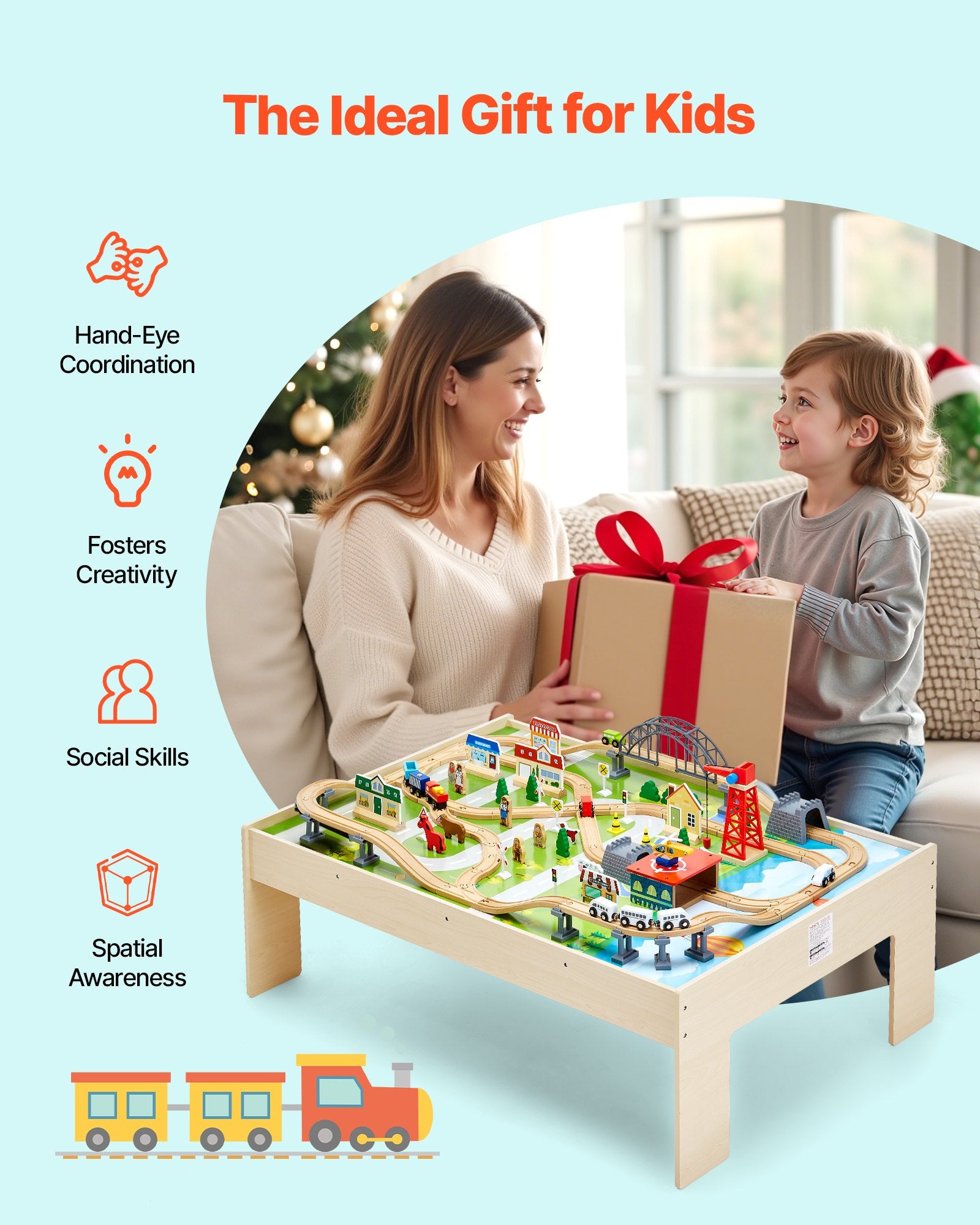 Title: Wooden Kids Activity Train Table with 120 Multicolor Pieces, Storage Bin, for Gaming, Drawing, Reading, Creative Play, Ages 3+