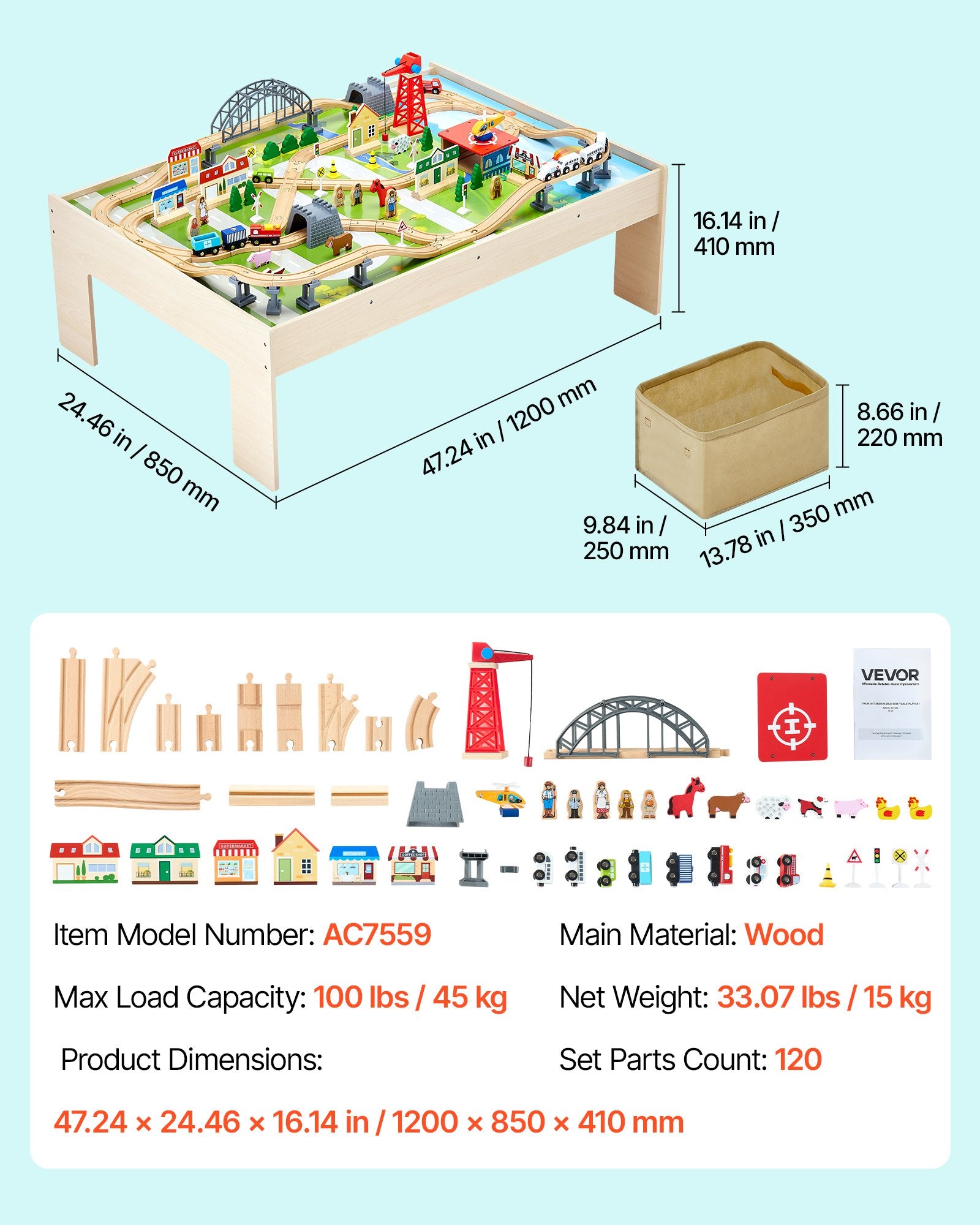 Title: Wooden Kids Activity Train Table with 120 Multicolor Pieces, Storage Bin, for Gaming, Drawing, Reading, Creative Play, Ages 3+