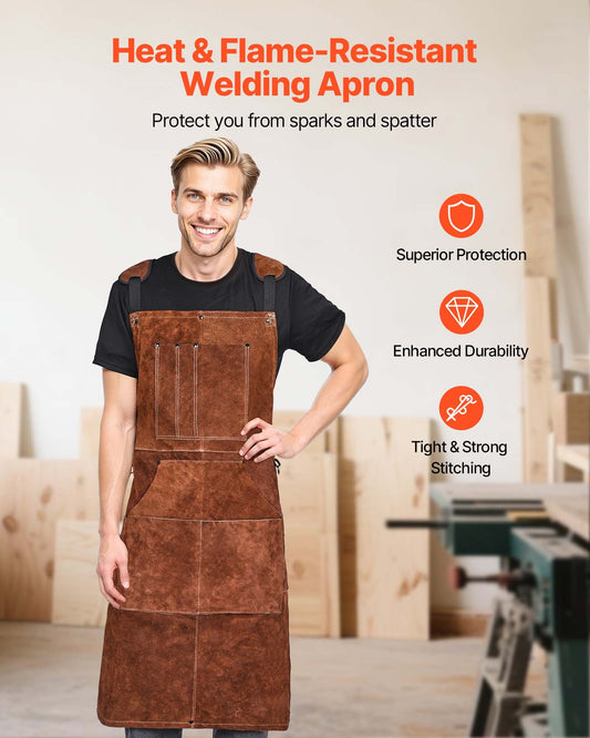 Heavy Duty Leather Welding Apron - Flame Resistant Cowhide for Blacksmiths, BBQ, Woodworking & Gardening with 6 Tool Pockets