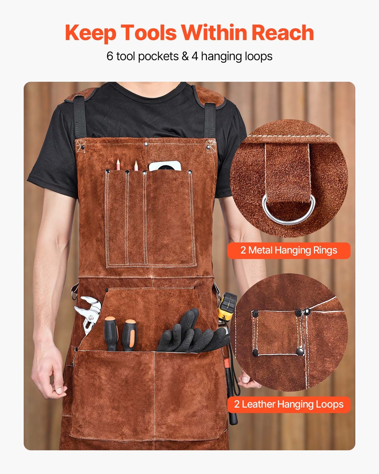Heavy Duty Leather Welding Apron - Flame Resistant Cowhide for Blacksmiths, BBQ, Woodworking & Gardening with 6 Tool Pockets