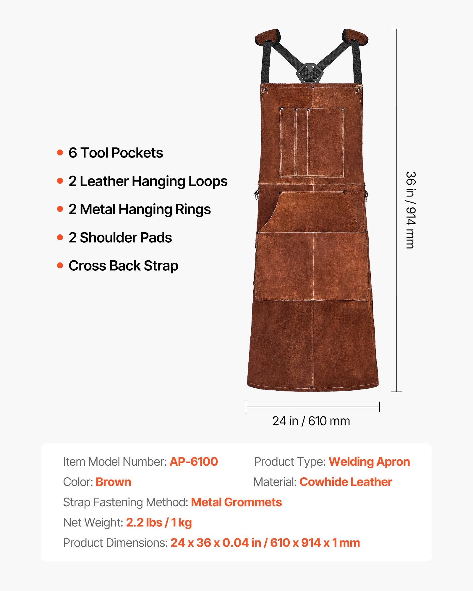 Heavy Duty Leather Welding Apron - Flame Resistant Cowhide for Blacksmiths, BBQ, Woodworking & Gardening with 6 Tool Pockets
