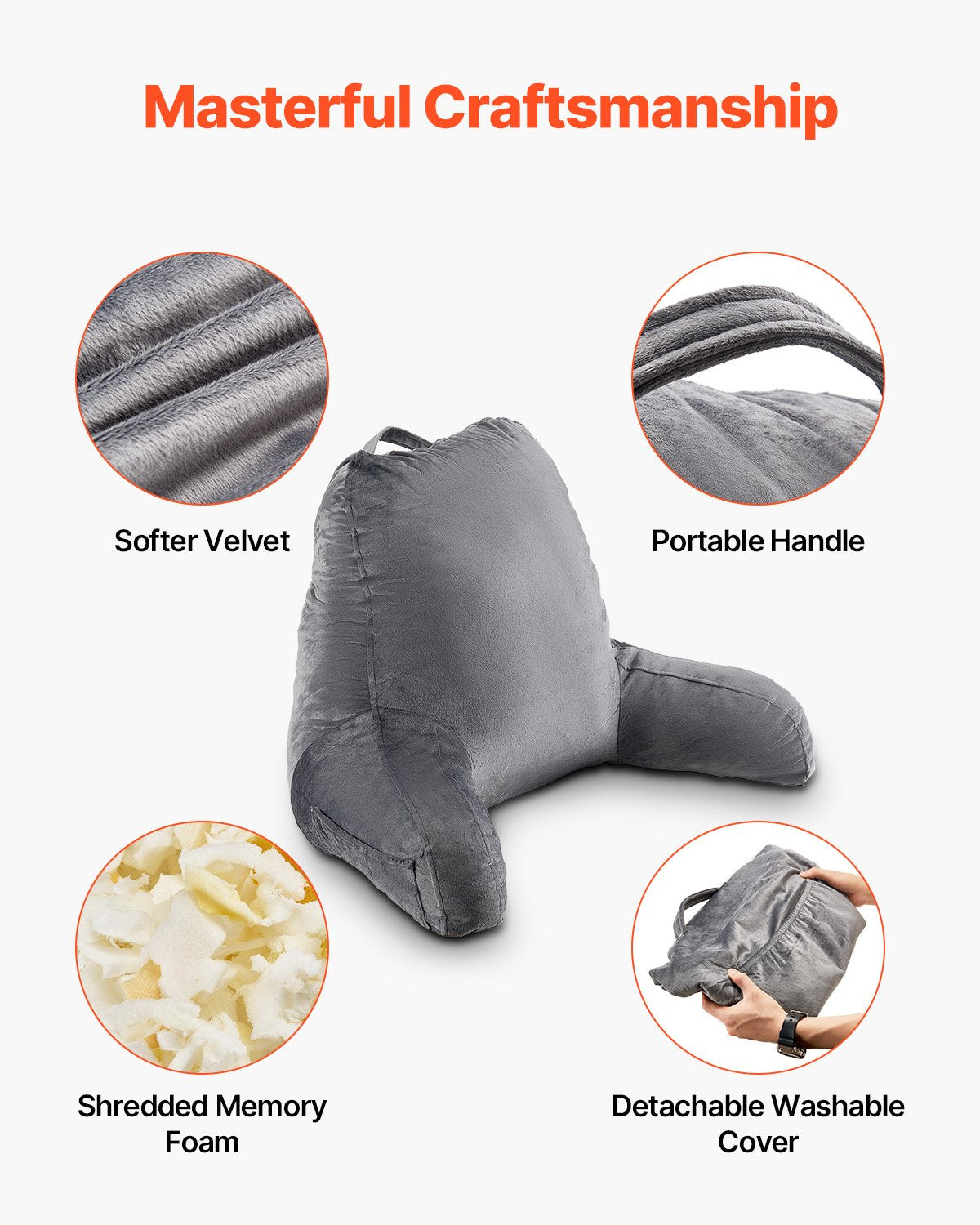 Luxurious Grey Reading Pillow with Memory Foam for Ultimate Comfort - Features 3 Convenient Pockets, Washable Velvet Cover, and Easy-Carry Handle
