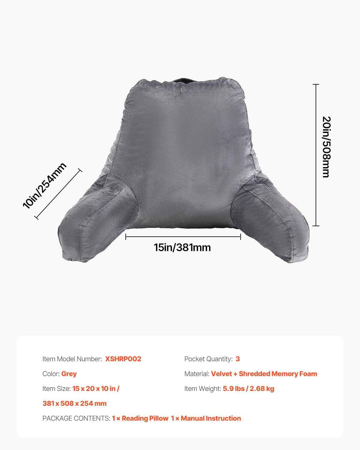 Luxurious Grey Reading Pillow with Memory Foam for Ultimate Comfort - Features 3 Convenient Pockets, Washable Velvet Cover, and Easy-Carry Handle