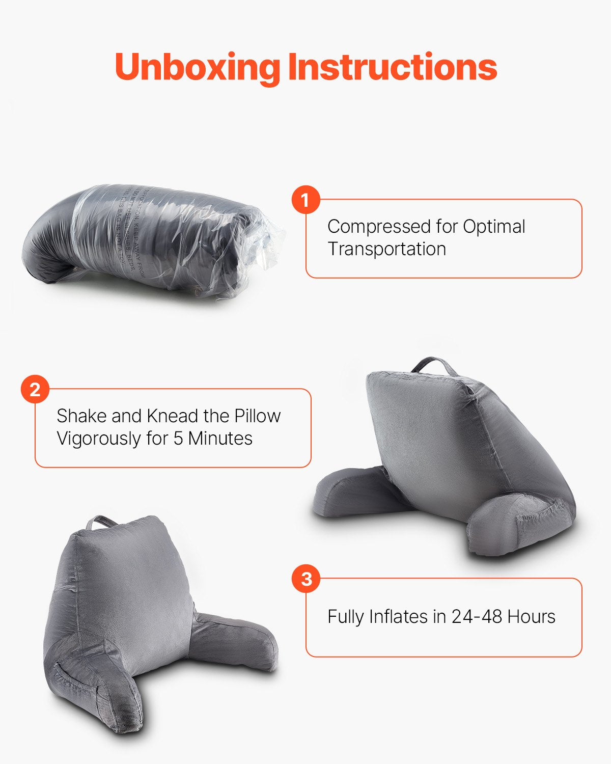 Luxurious Grey Reading Pillow with Shredded Memory Foam, 3 Pockets & Washable Velvet for TV, Gaming, Relaxing, Portable with Handle