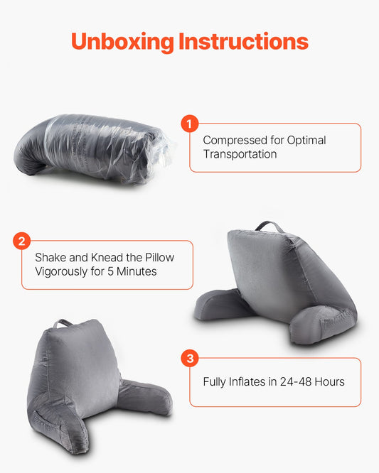 Luxurious Grey Reading Pillow with Shredded Memory Foam, 3 Pockets & Washable Velvet for TV, Gaming, Relaxing, Portable with Handle
