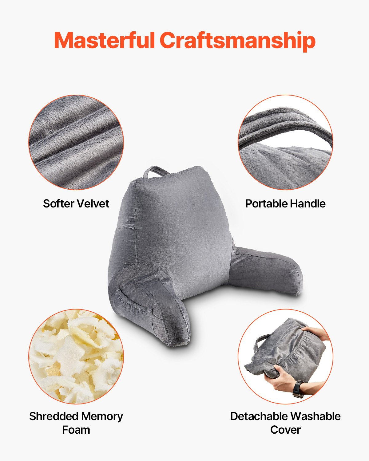 Luxurious Grey Reading Pillow with Shredded Memory Foam, 3 Pockets & Washable Velvet for TV, Gaming, Relaxing, Portable with Handle